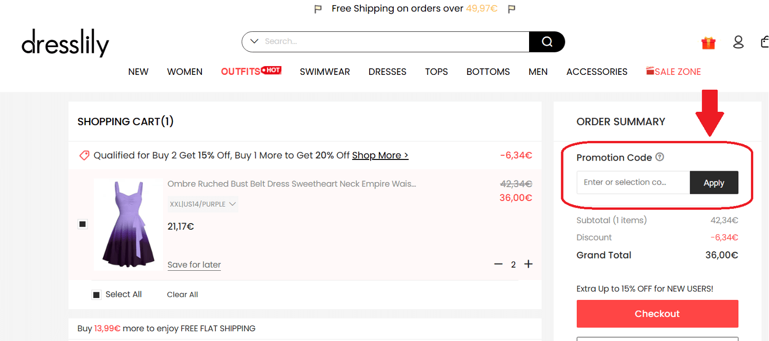 panier d&apos;achat avec emplacement pour code promo Dresslily