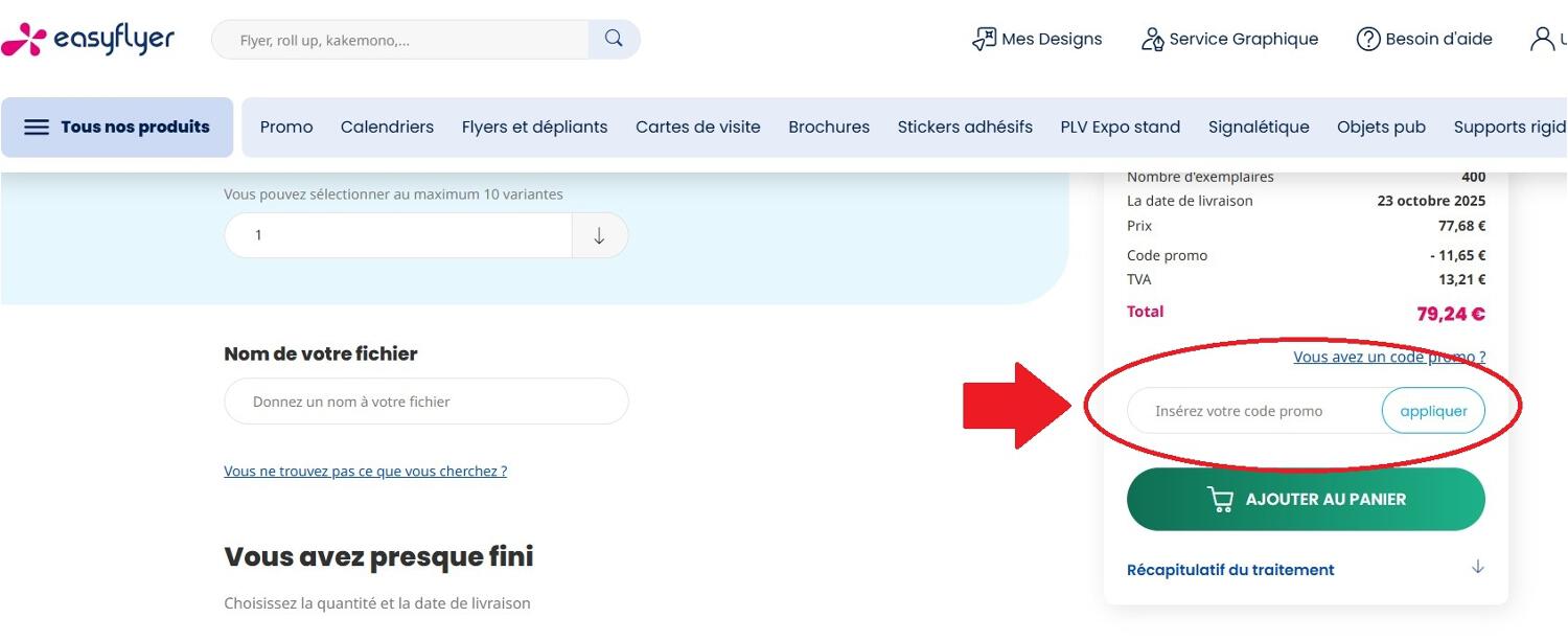 panier d&apos;achat avec emplacement pour code promo Easyflyer
