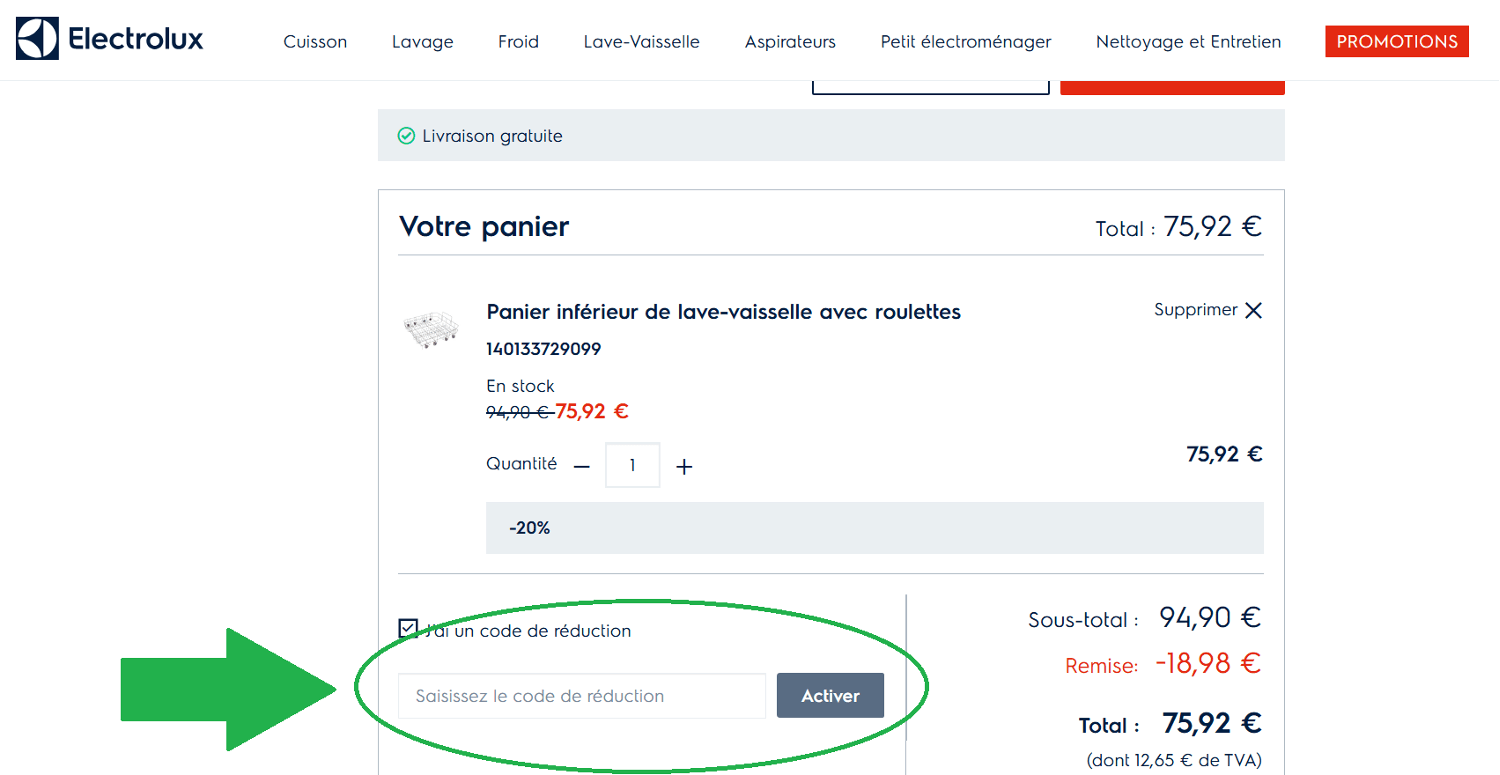 panier d&apos;achat avec emplacement pour code promo Electrolux Pièces détachées et accessoires