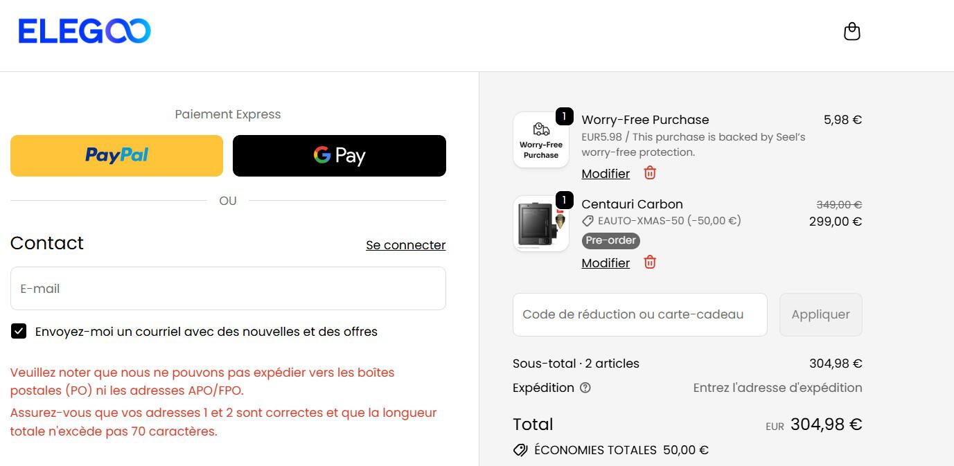 panier d'achat avec emplacement pour code promo ELEGOO