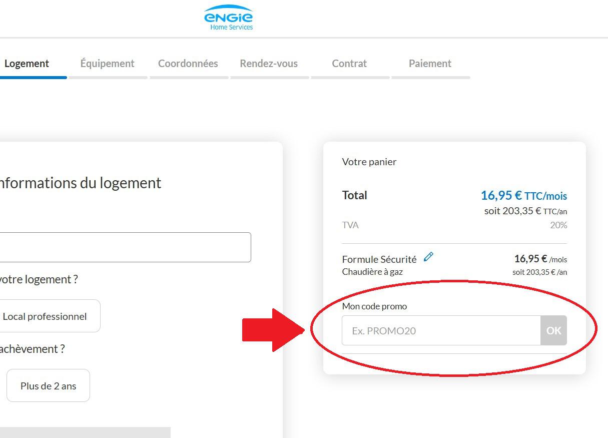 Panier d'achat avec emplacement pour code promo Engie Home Services