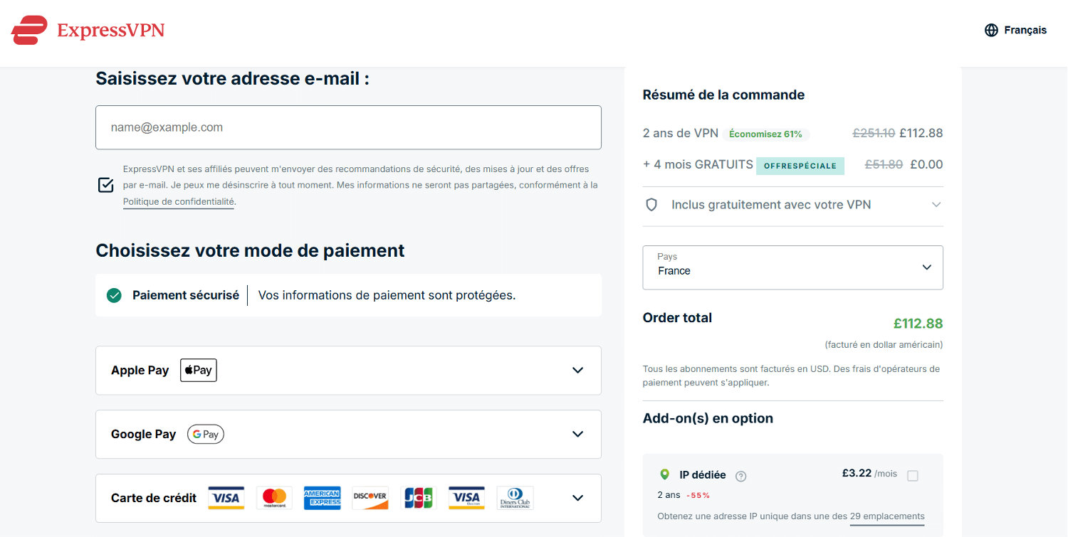 panier d&apos;achat sans emplacement pour un code promo ExpressVPN