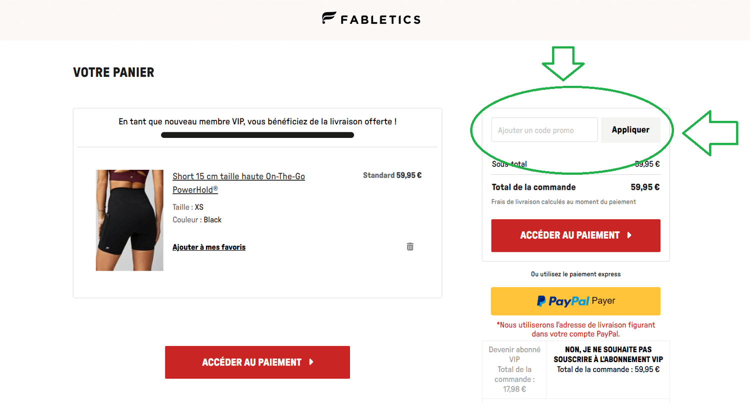 panier d&apos;achat avec emplacement pour code promo Fabletics