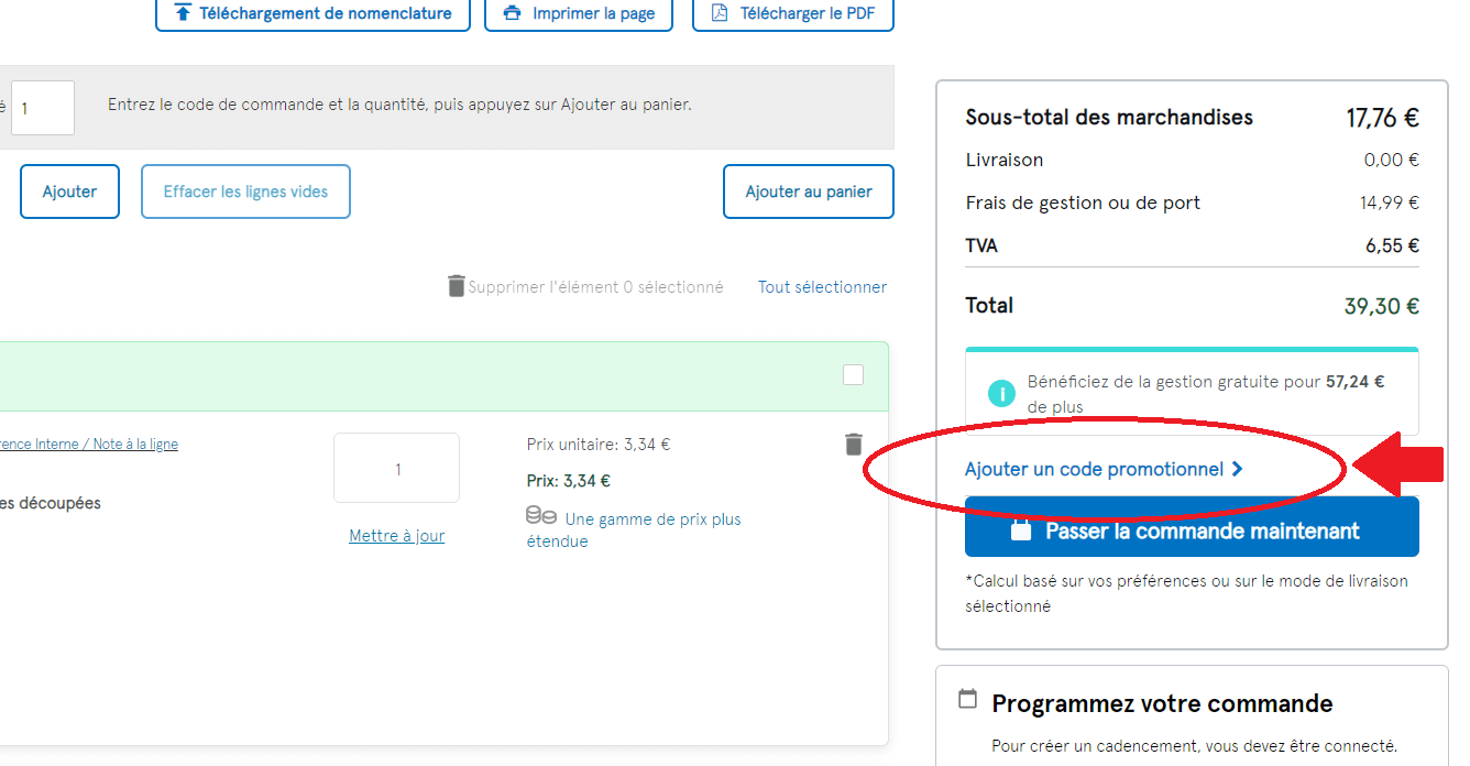panier d&apos;achat avec emplacement pour code promo Farnell