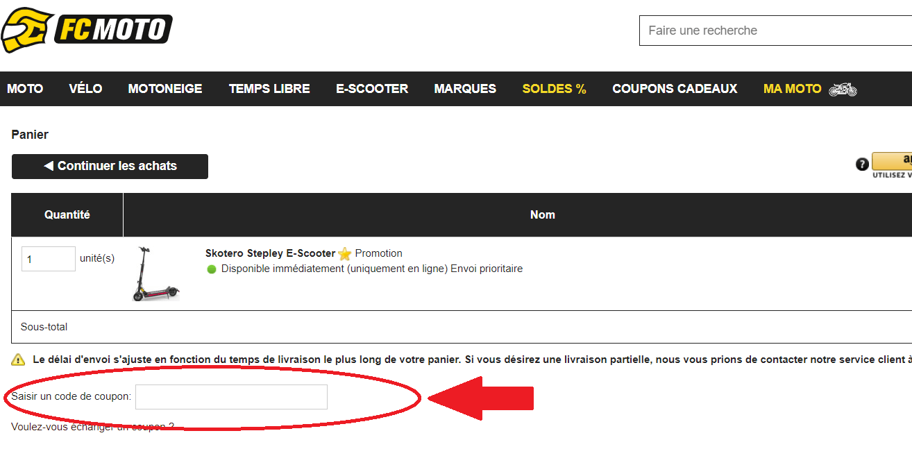 panier avec emplacement pour code promo FC-Moto