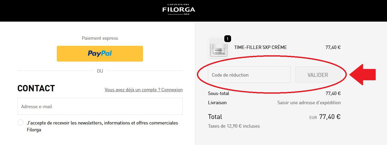 panier d&apos;achat avec emplacement pour code promo Filorga