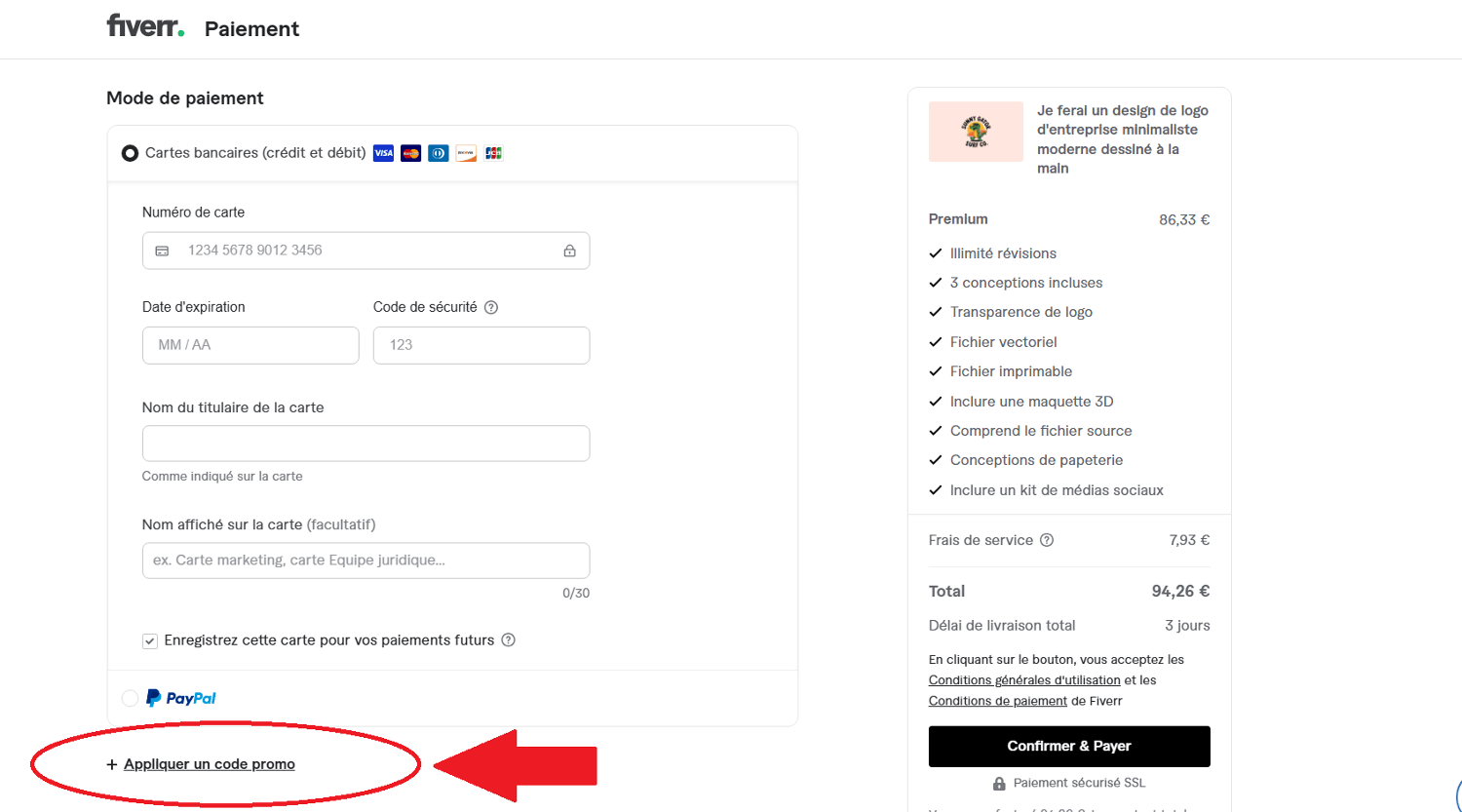 Panier d&apos;achat avec emplacement pour code promo Fiverr