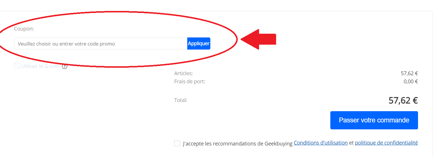 panier avec emplacement pour code promo Geekbuying