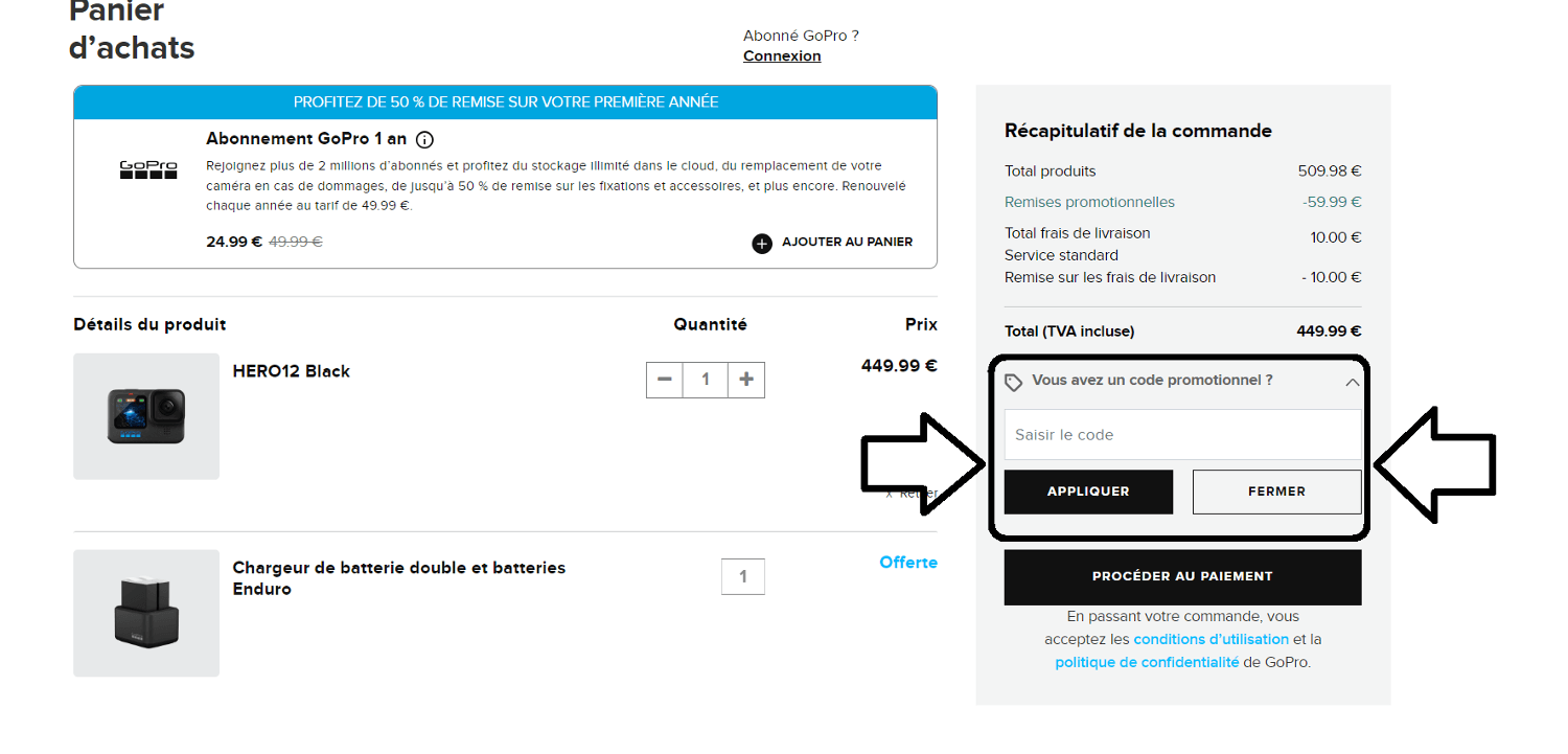 emplacement pour code promo GoPro