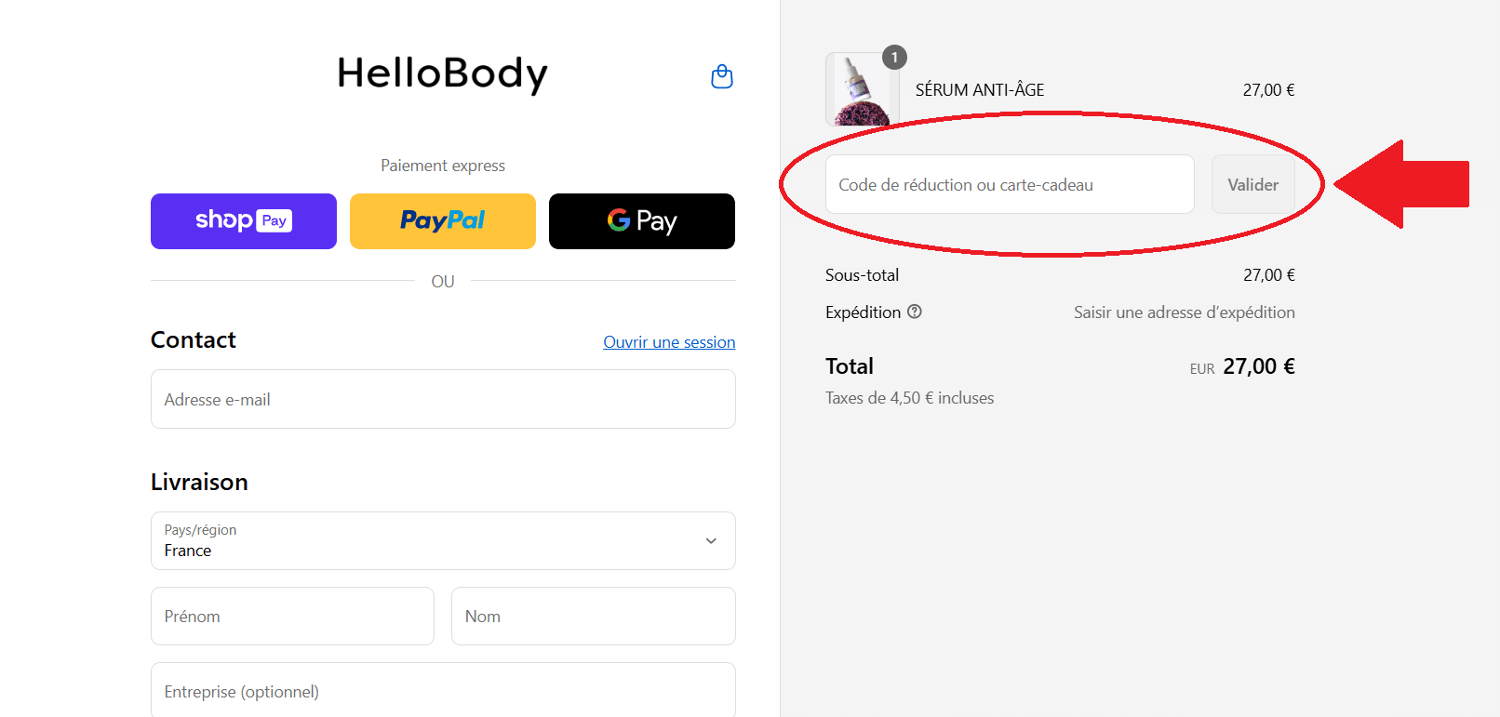 panier d&apos;achat avec emplacement pour code promo HelloBody