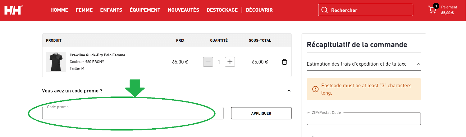 panier d&apos;achat avec emplacement pour code promo Helly Hansen