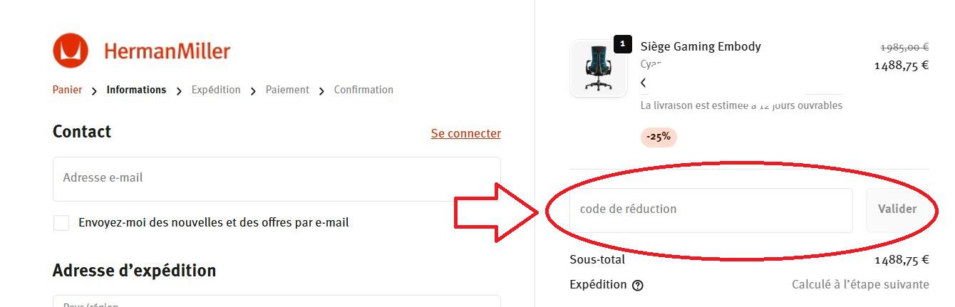 panier d&apos;achat avec emplacement pour code promo Herman Miller