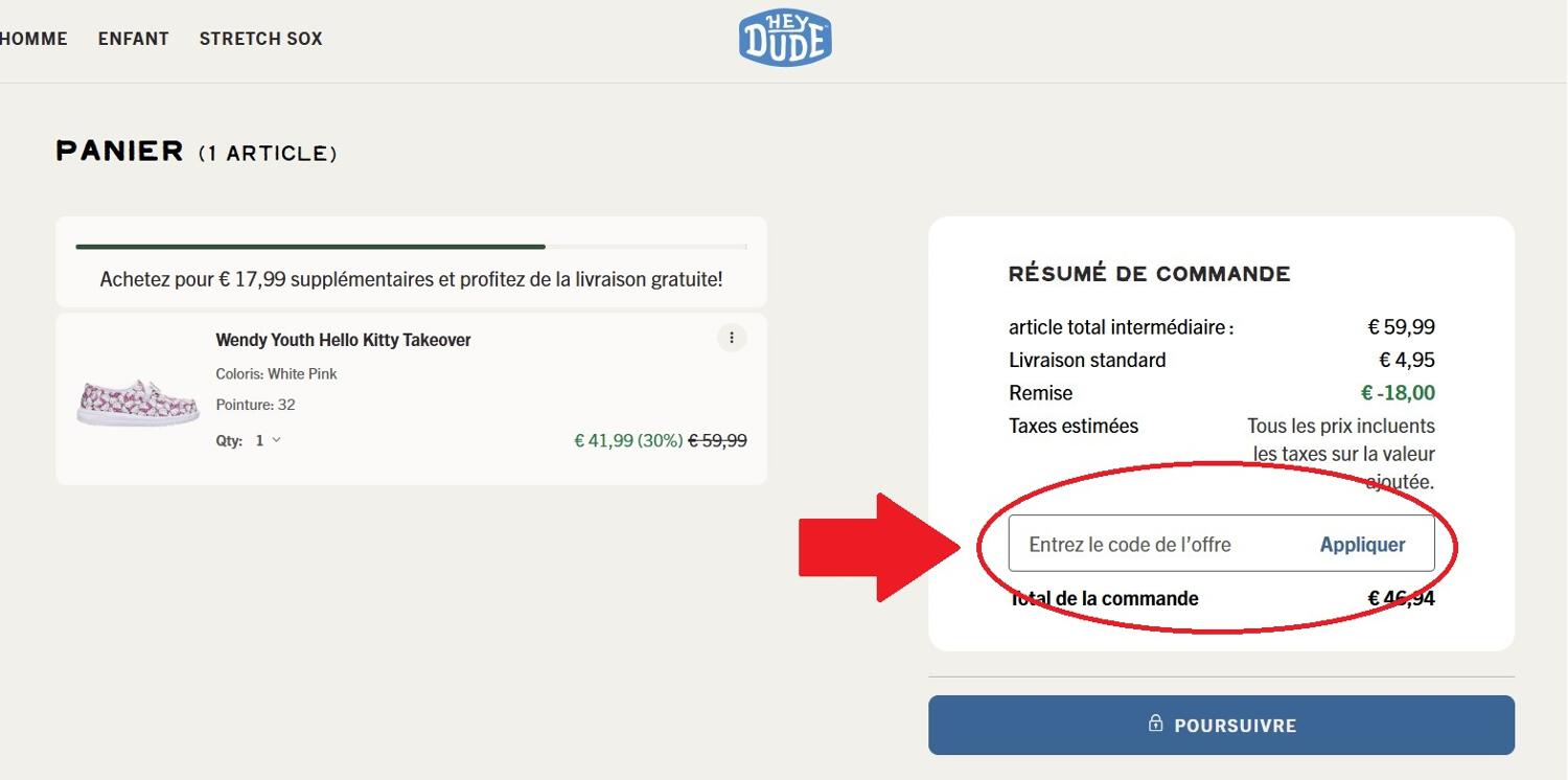 panier d&apos;achat avec emplacement pour code promo HEYDUDE