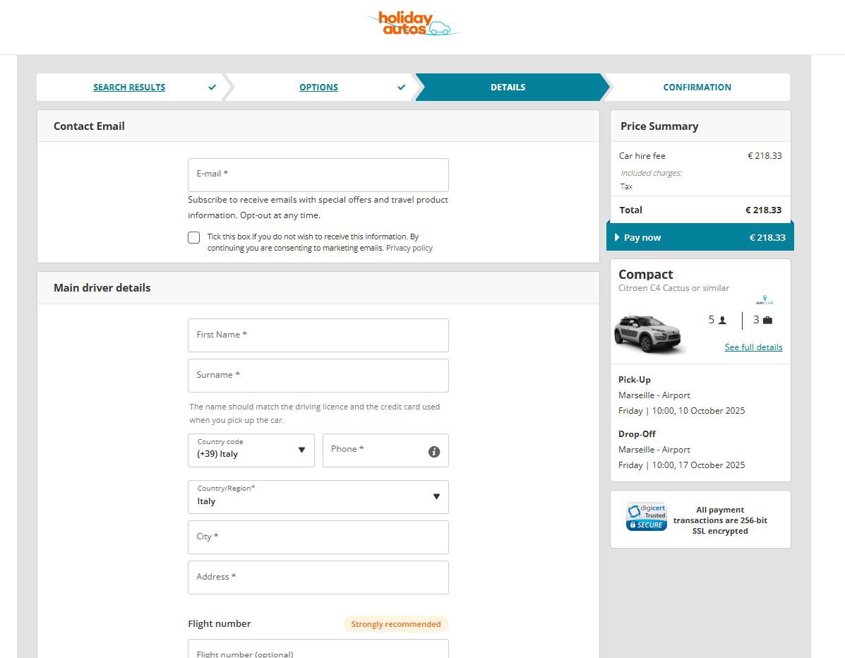 panier d&apos;achat sans emplacement pour code promo Holiday Autos