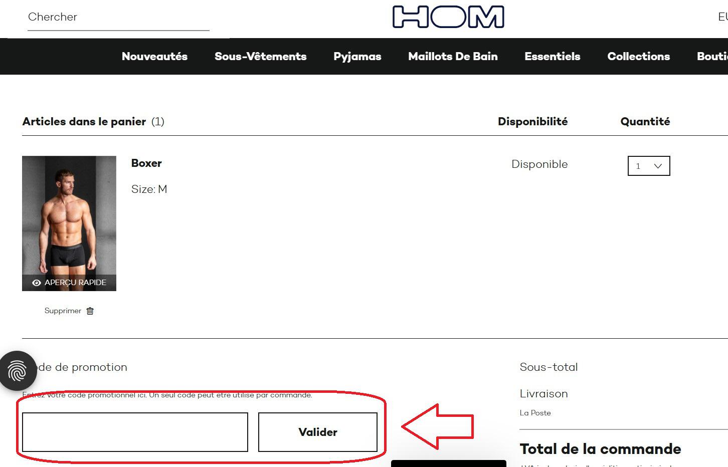 panier d'achat avec emplacement pour code promo HOM