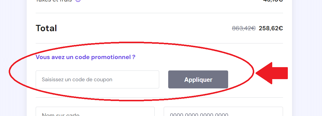 panier avec emplacement pour code promo Hostinger
