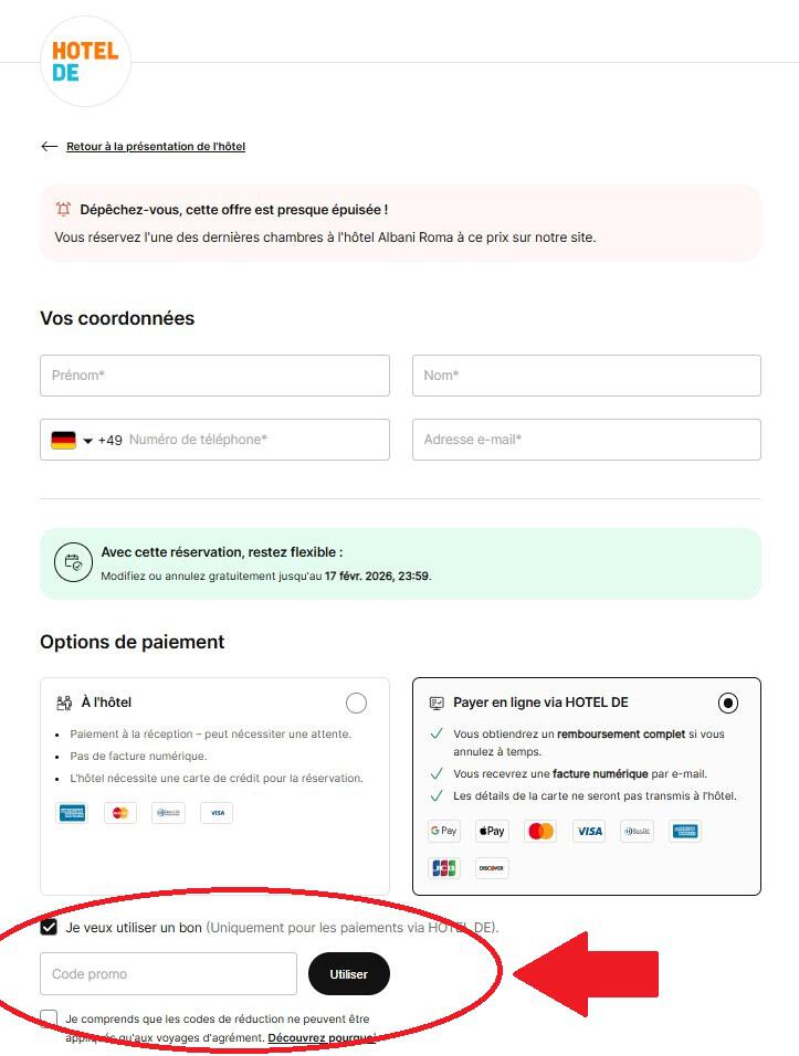 panier d&apos;achat avec emplacement pour code promo Hotel Info