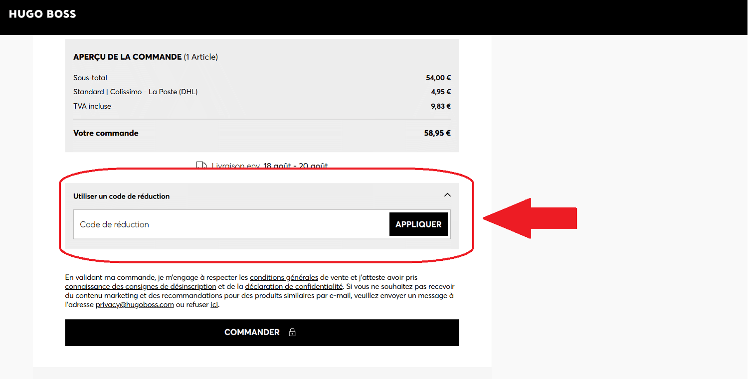 panier d&apos;achat avec emplacement pour code promo Hugo Boss
