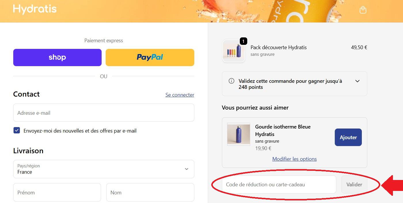 panier d&apos;achat avec emplacement pour code promo Hydratis