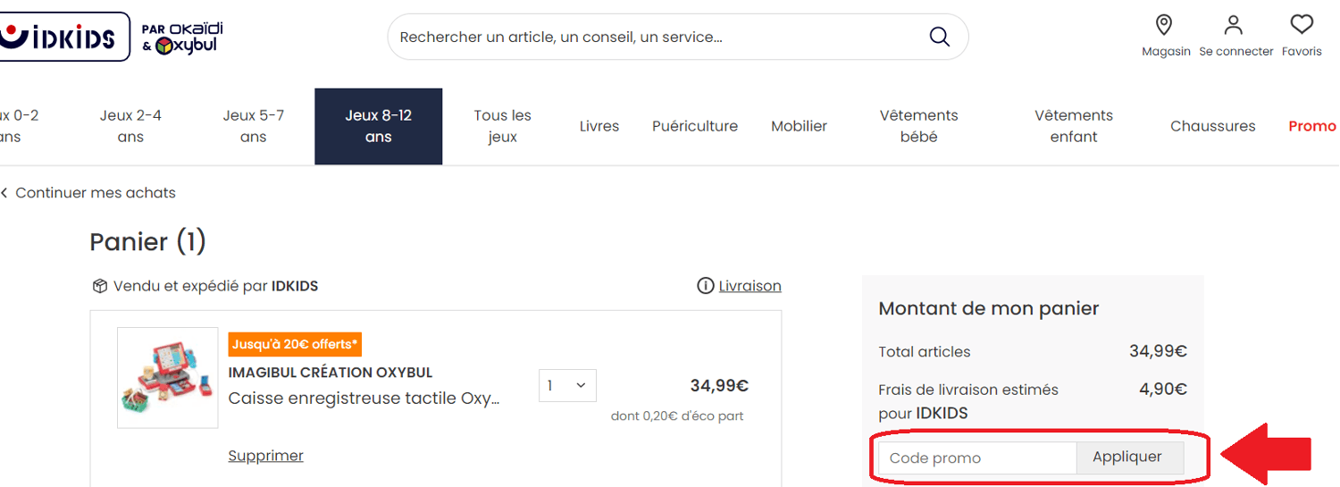 Panier avec emplacement pour code promo IDkids