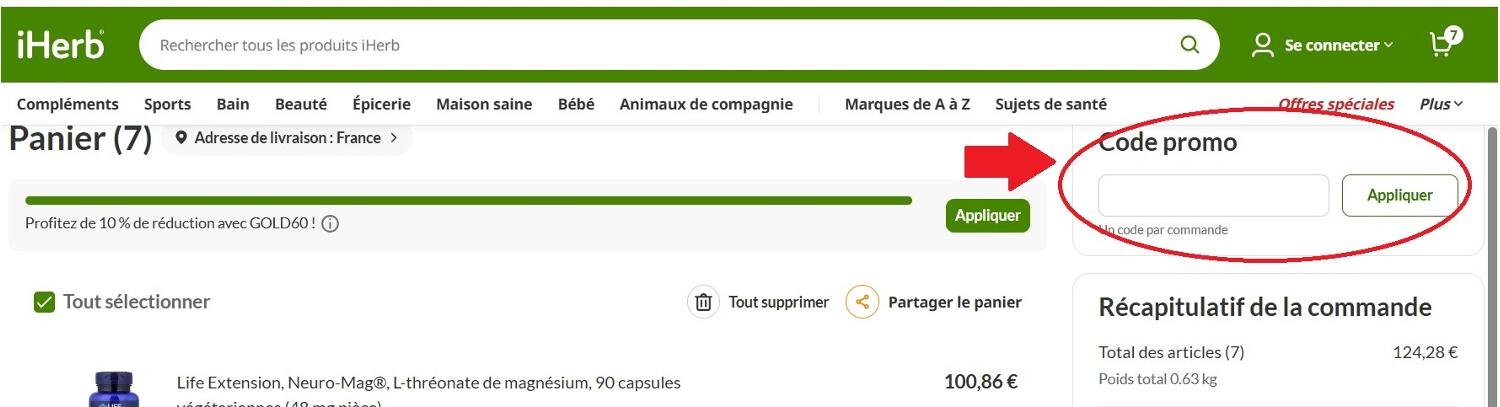 panier d'achat avec emplacement pour code promo iHerb