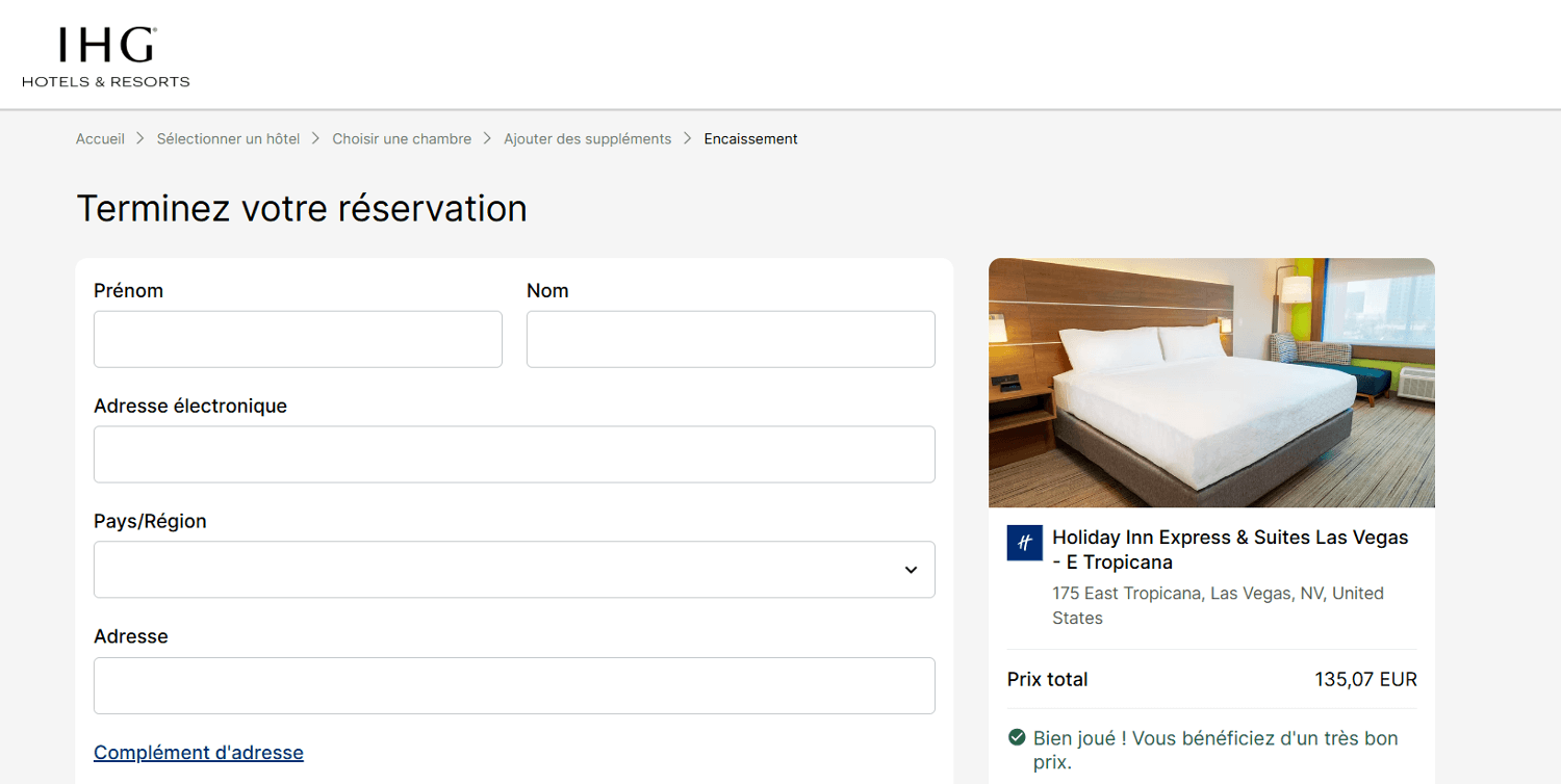 réservation avec emplacement pour code promo IHG