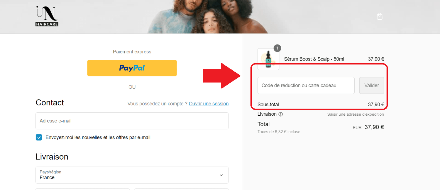 l’emplacement pour le code promo In Haircare