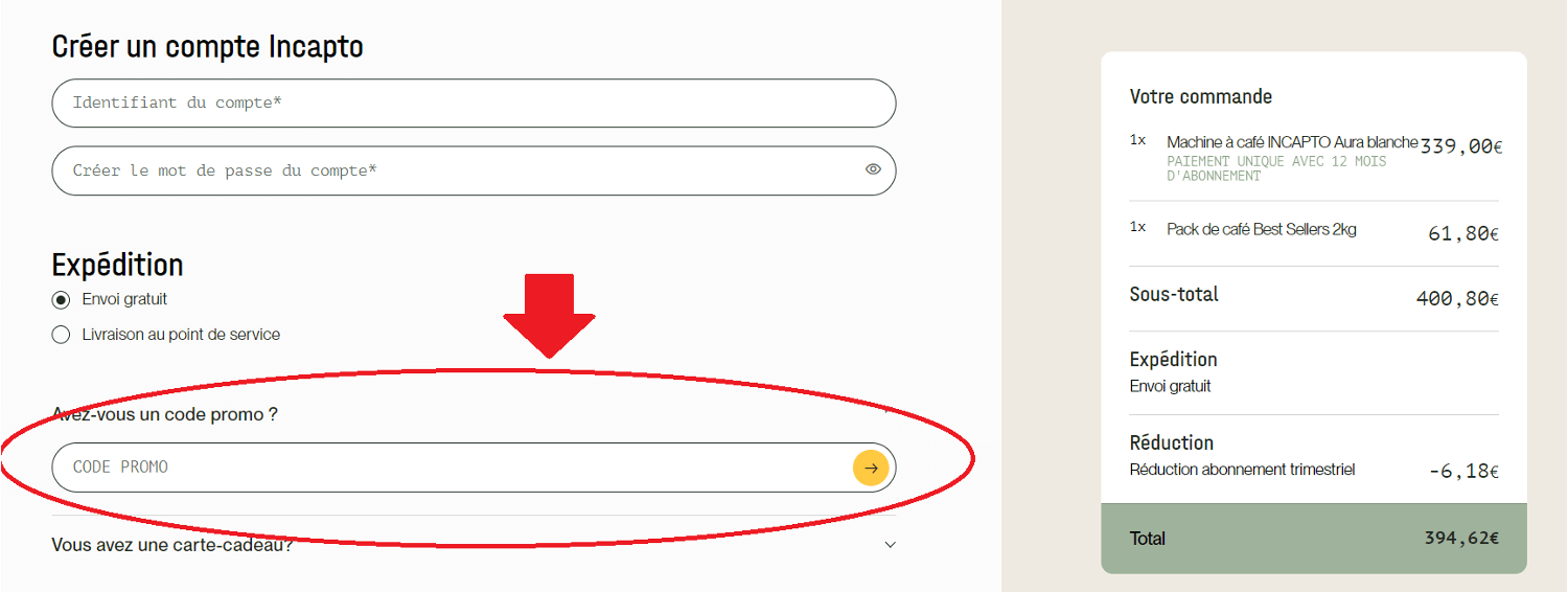 panier avec emplacement pour code promo Incapto