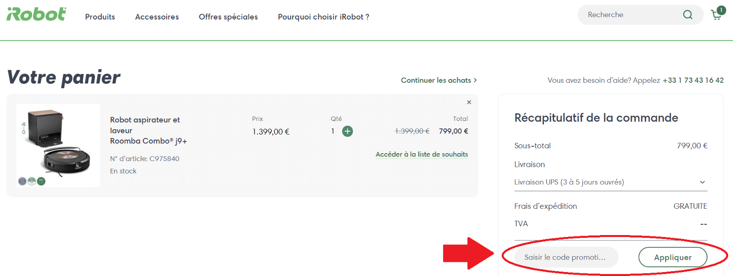 panier avec emplacement pour code promo iRobot