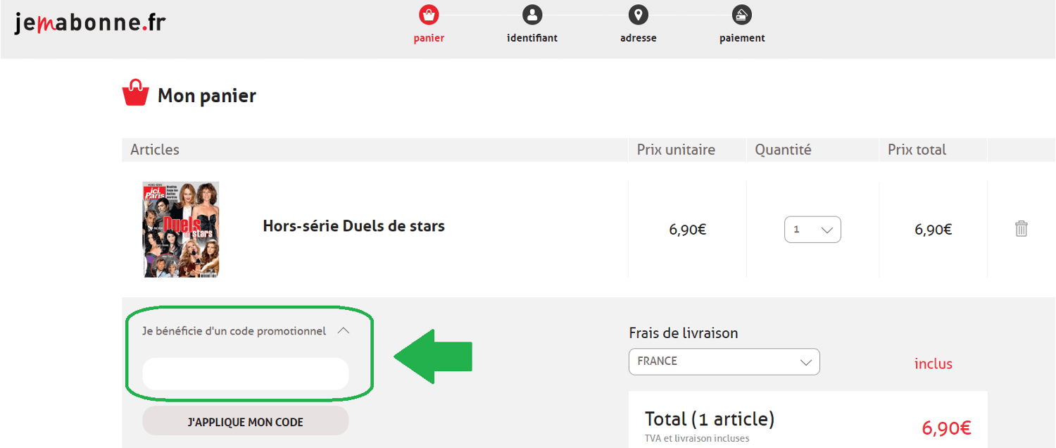 panier avec emplacement pour code promo Jemabonne.fr