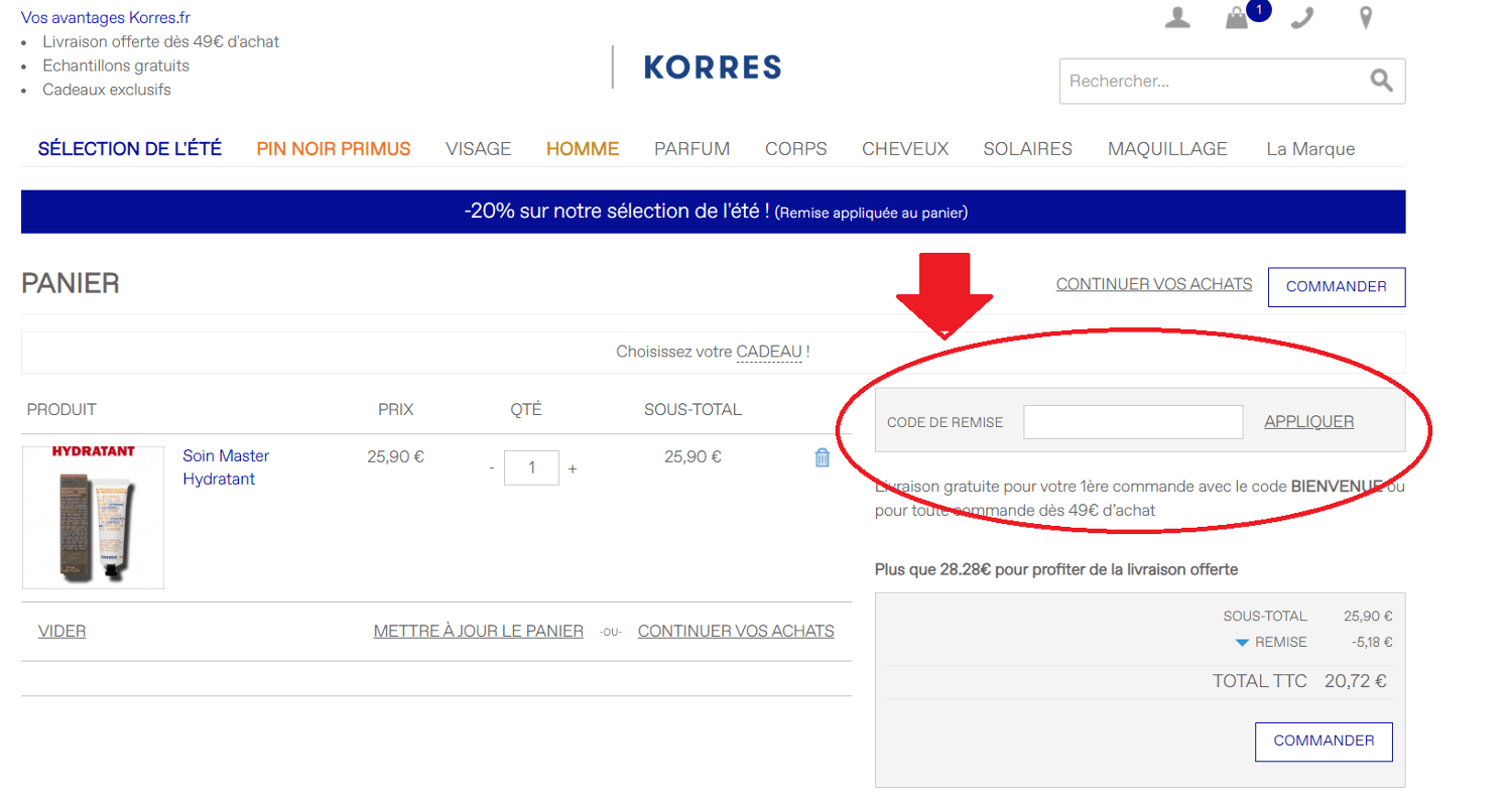 panier d&apos;achat avec emplacement pour code promo Korres