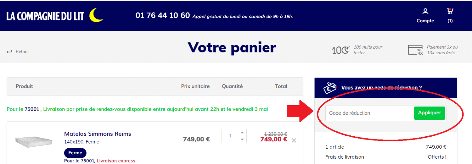 panier avec emplacement pour code promo La compagnie du lit