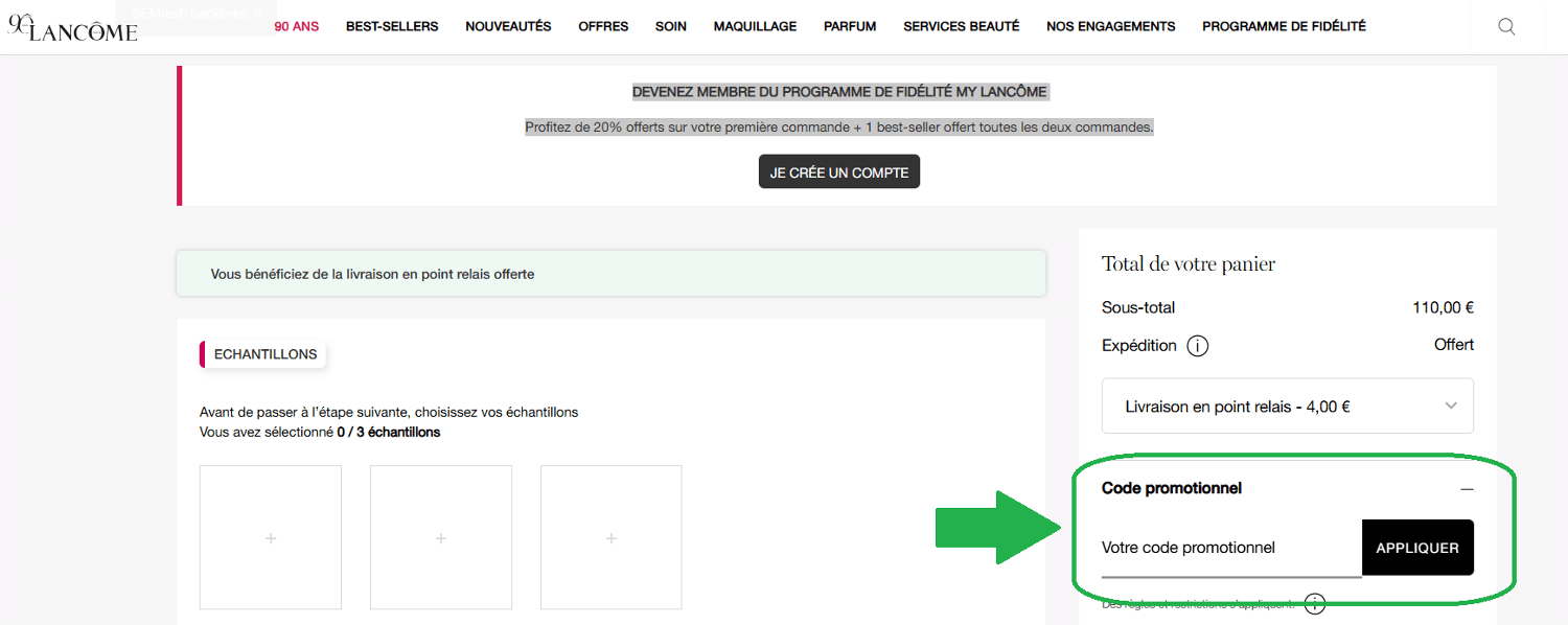 panier d&apos;achat avec emplacement pour code promo Lancôme