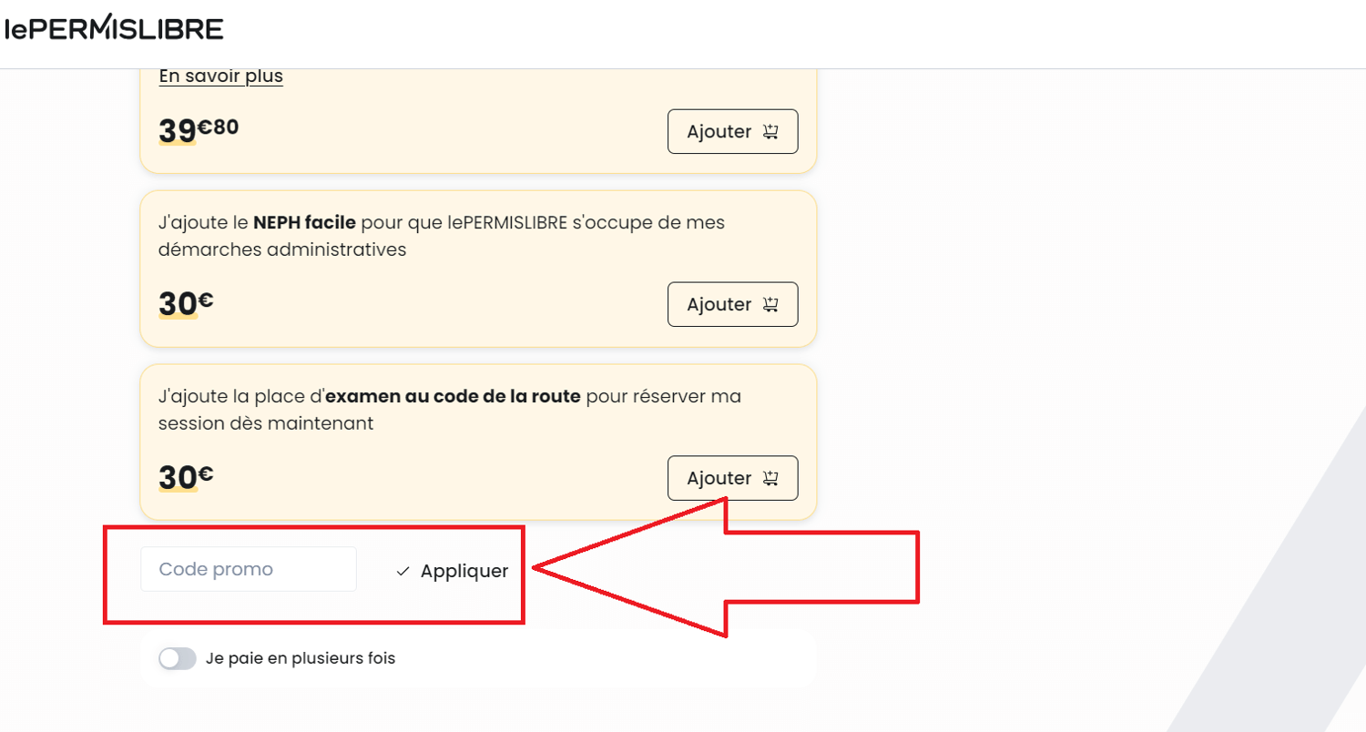 Emplacement pour code promo Le Permis Libre