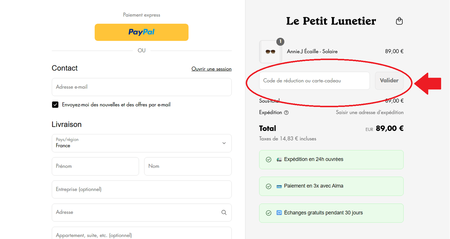 panier d&apos;achat avec emplacement pour code promo Le Petit Lunetier