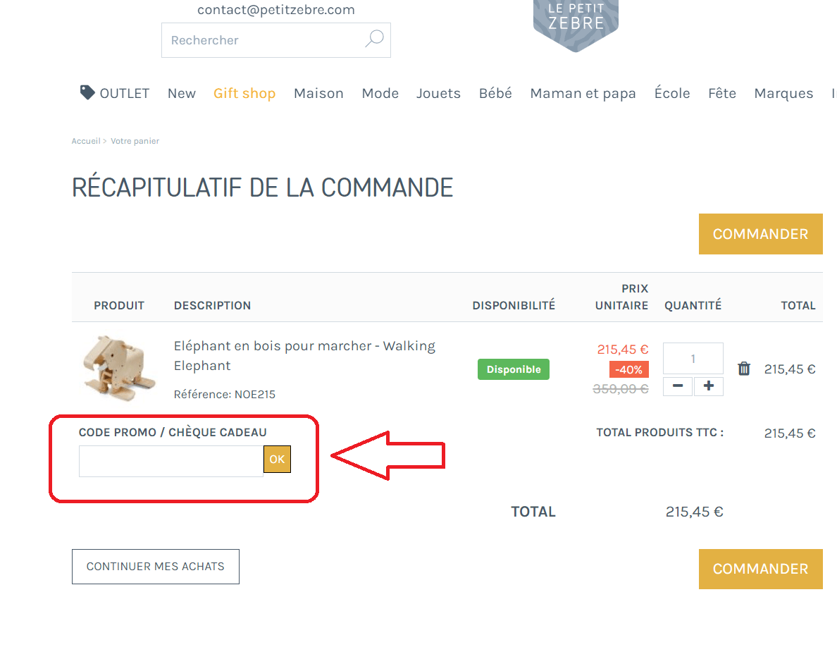 emplacement pour code promo Le Petit Zèbre