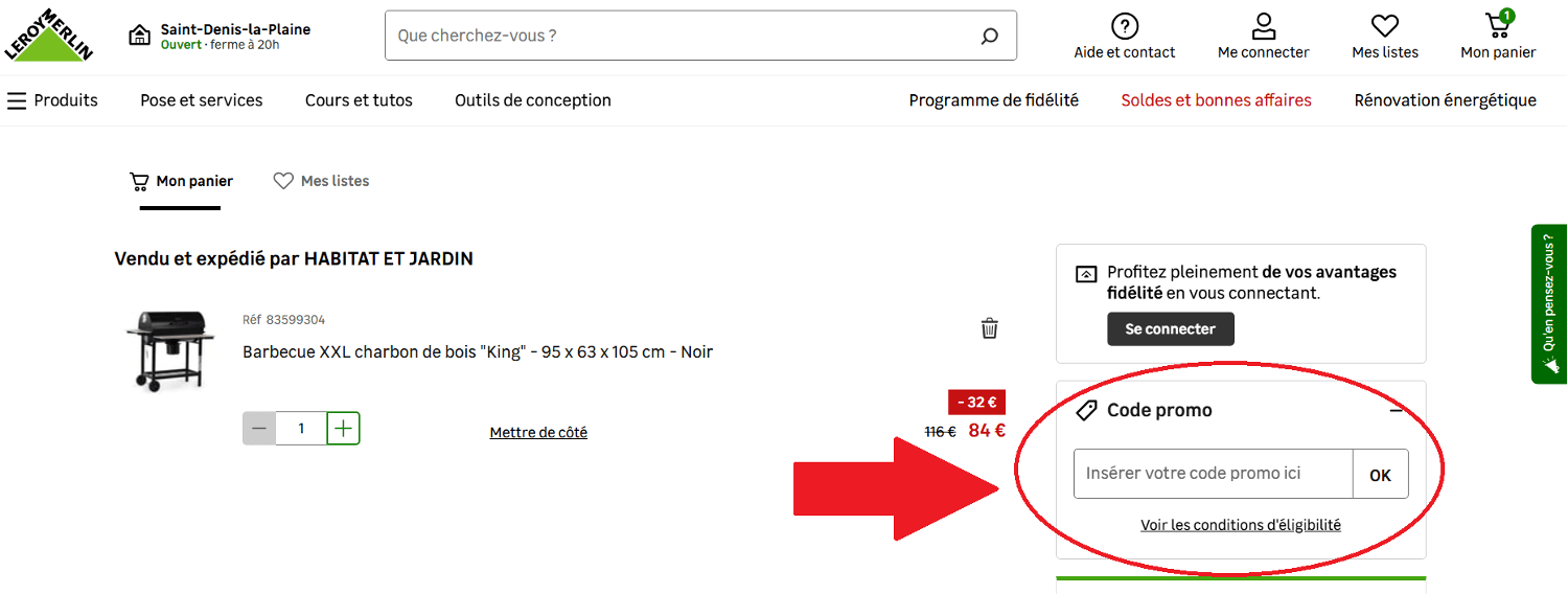 panier d&apos;achat avec emplacement pour code promo Leroy Merlin