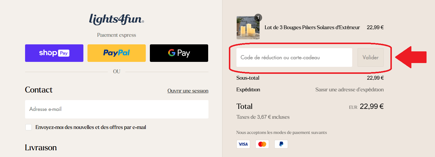 panier d&apos;achat avec emplacement pour code promo Lights4fun