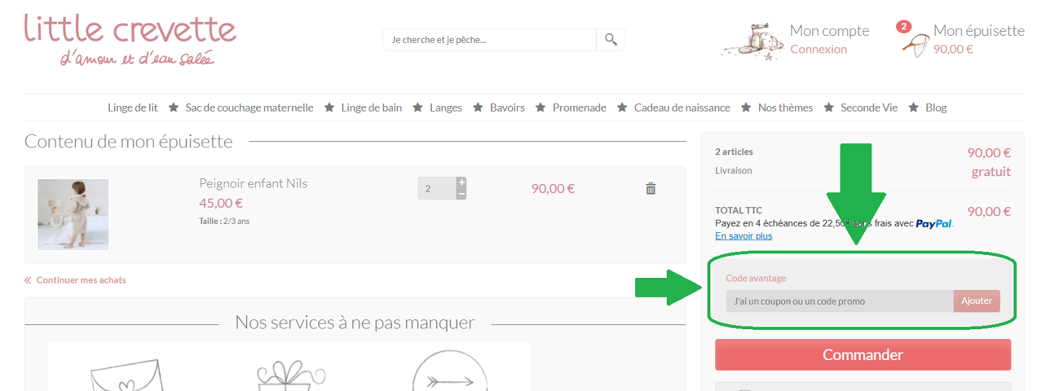panier d&apos;achat avec emplacement pour code promo Little Crevette