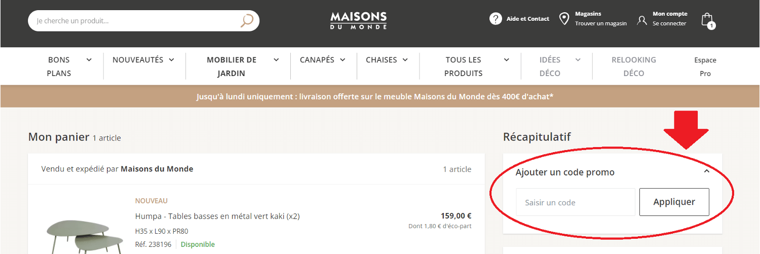 panier avec emplacement pour code promo Maisons du Monde