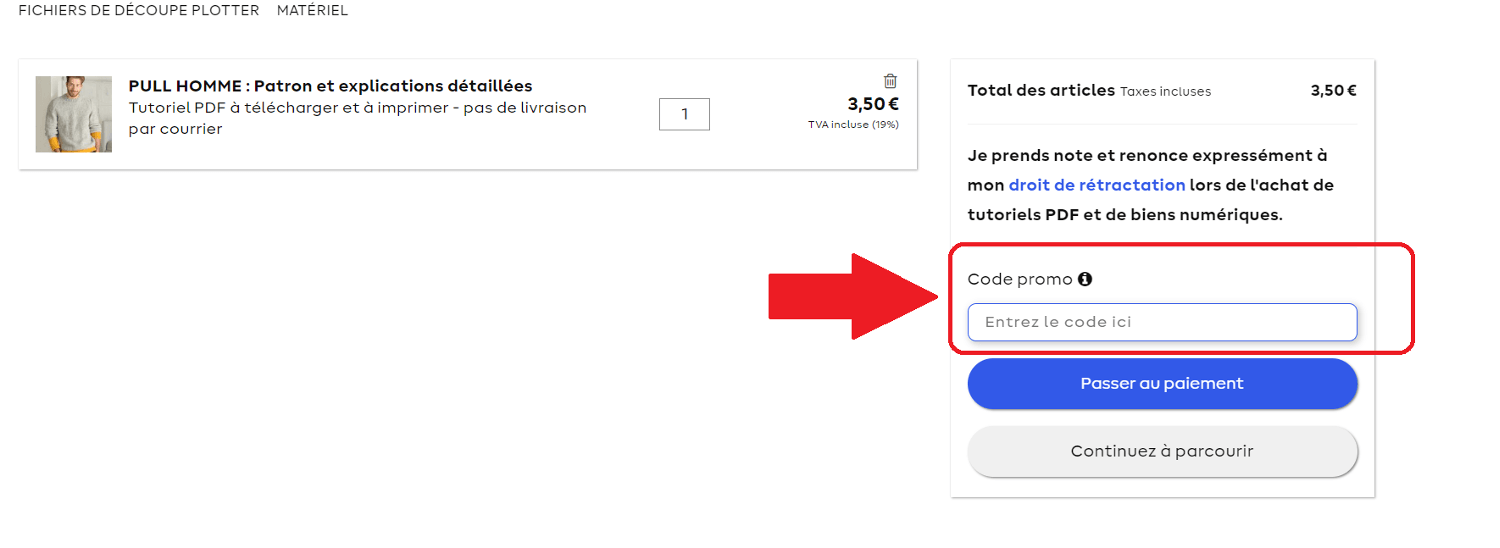 panier avec emplacement pour code promo Makerist