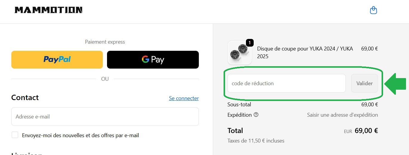panier d&apos;achat avec emplacement pour code promo Mammotion