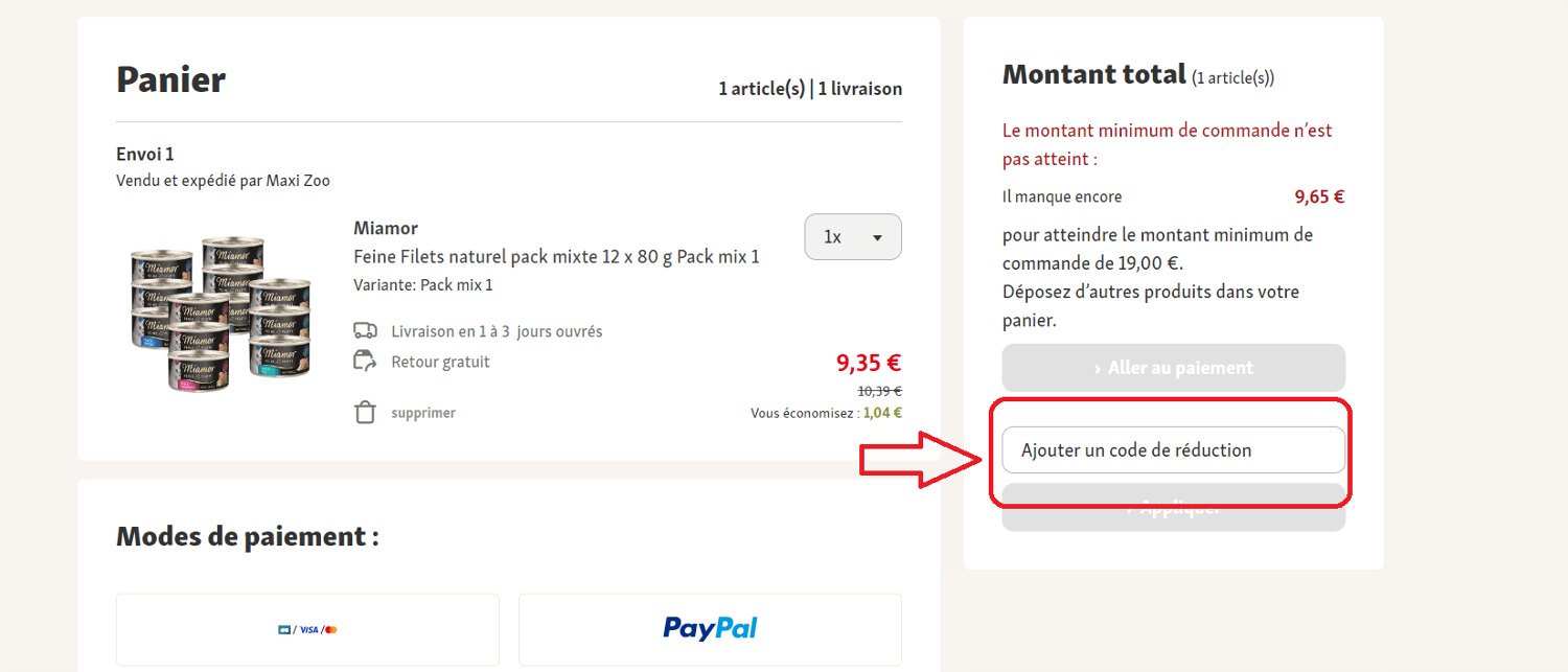 Emplacement pour code promo Maxi Zoo
