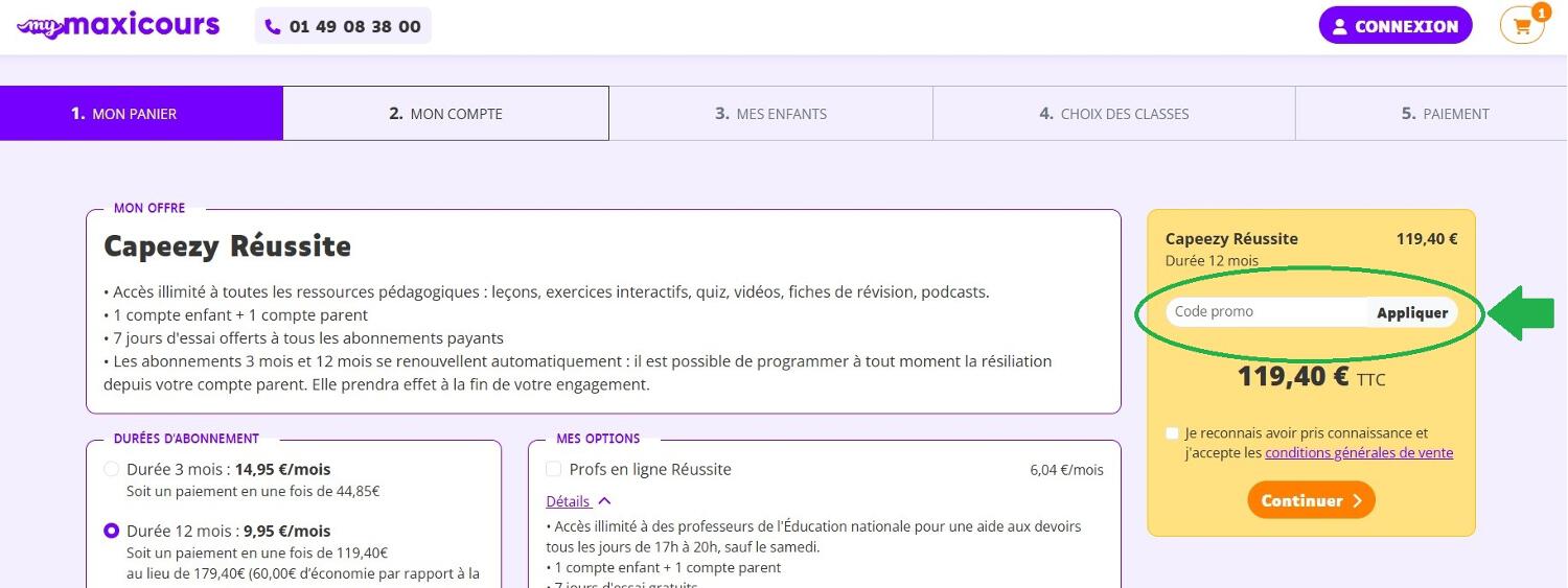 panier d'achat avec emplacement pour code promo Maxicours