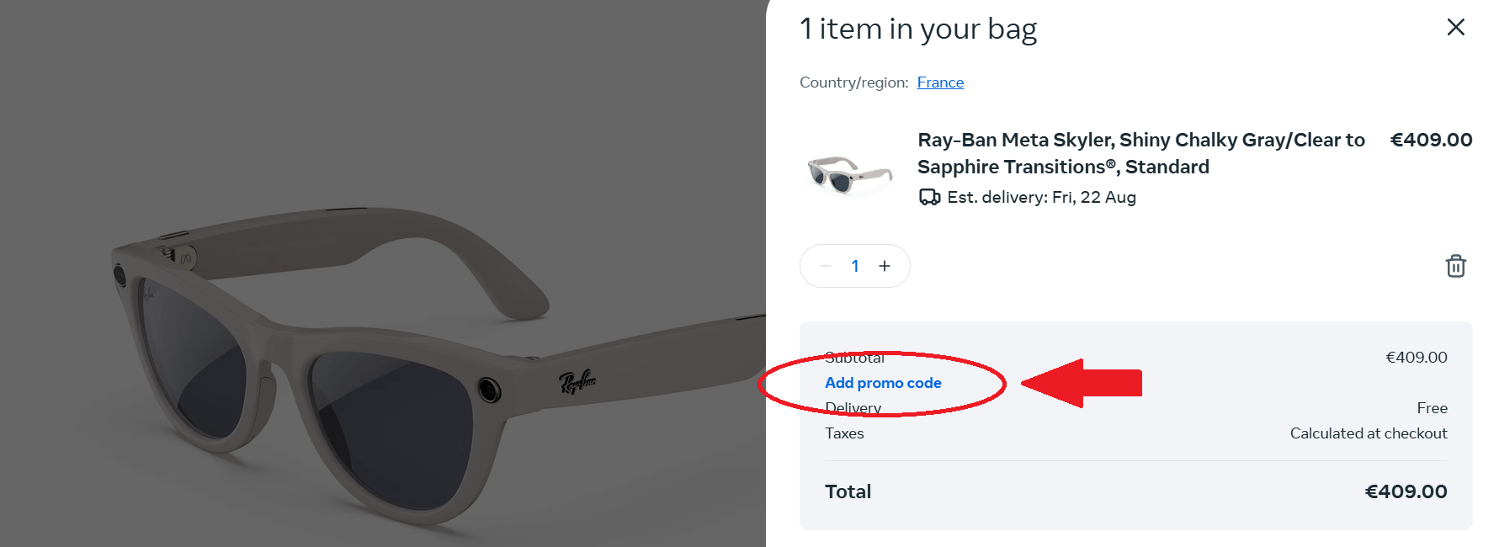 panier d&apos;achat avec emplacement pour code promo Meta