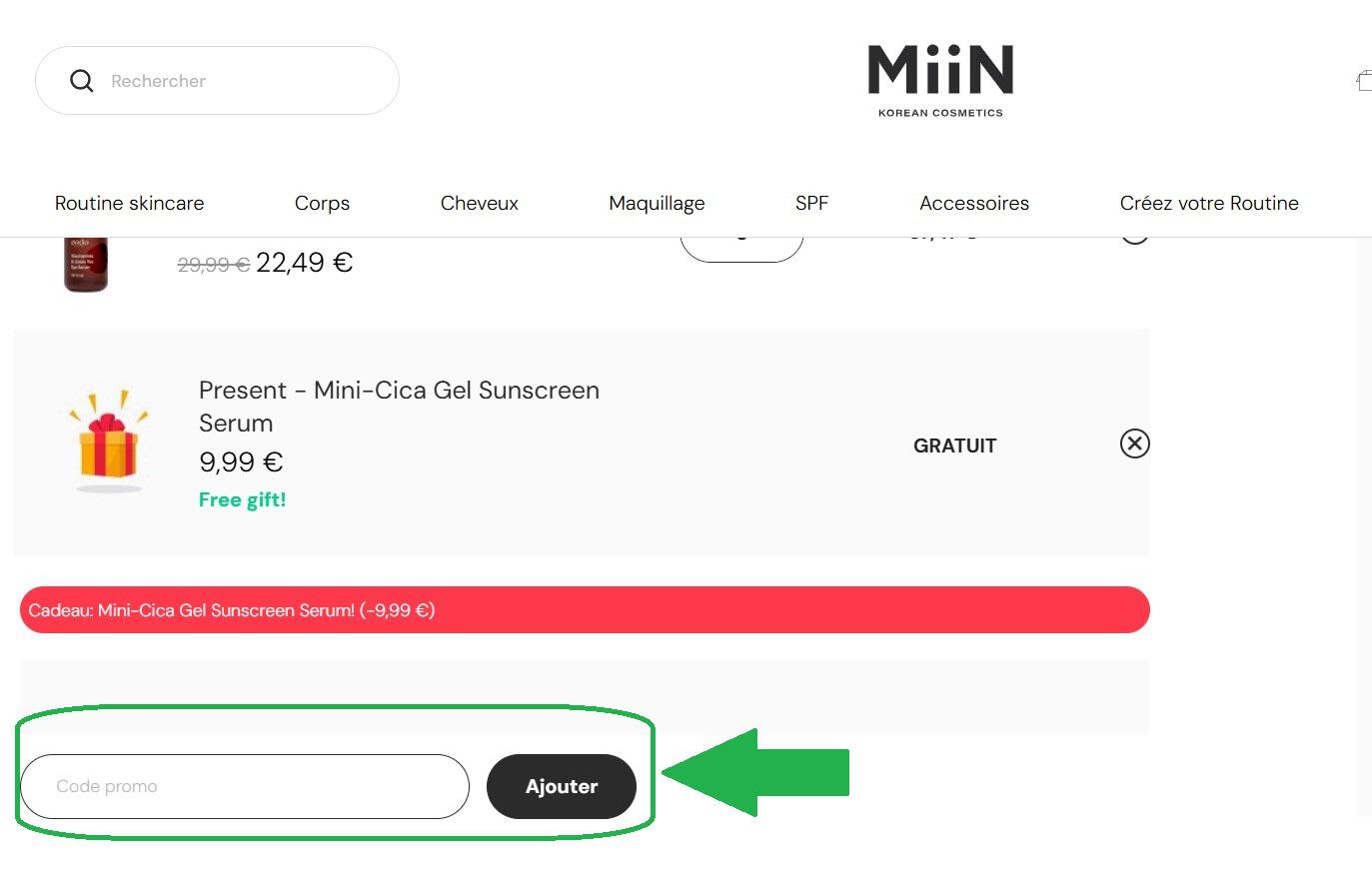 panier d&apos;achat avec emplacement pour code promo MiiN Cosmetics