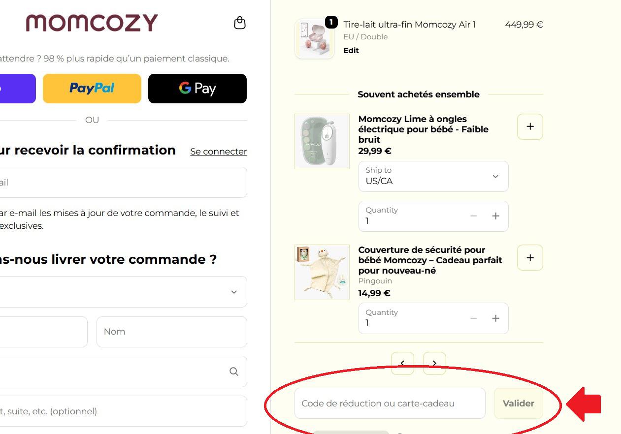 panier d'achat avec emplacement pour code promo Momcozy