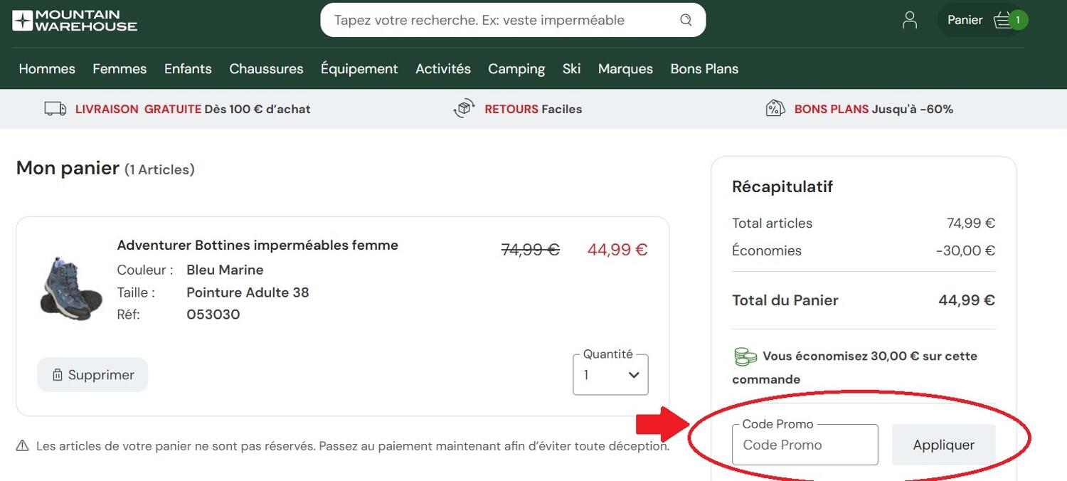 panier d'achat avec emplacement pour code promo Mountain Warehouse