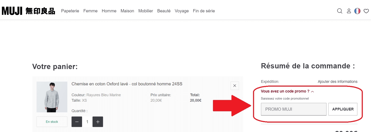panier d&apos;achat avec emplacement pour code promo MUJI