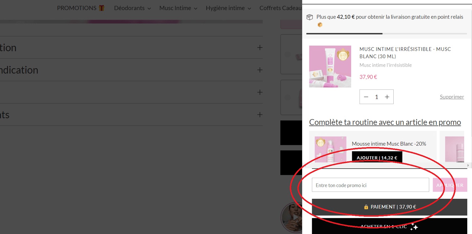 l’emplacement pour code promo Musc Intime